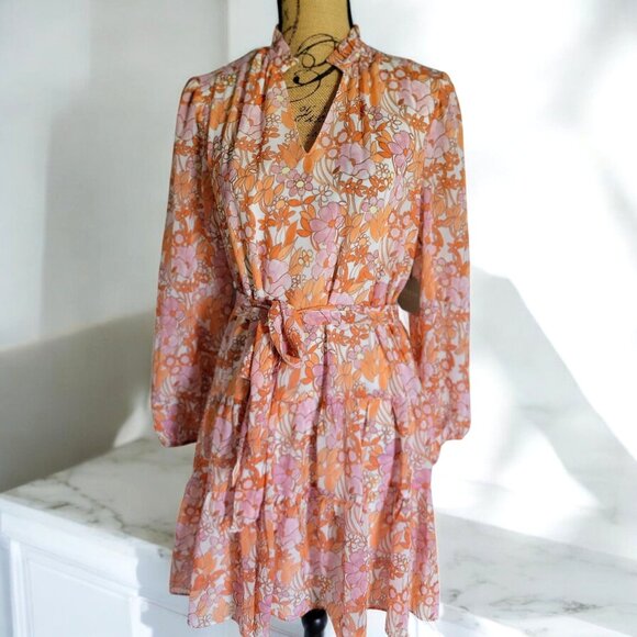 REYGRASS Long Sleeve Orange Pink Floral Dress Light Sheer Fabric Women's SZ M - Picture 1 of 9